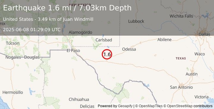 Earthquake 28 km NW of Toyah, Texas (1.6 ml) (2025-06-08 01:29:09 UTC)