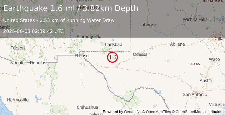 Earthquake 59 km S of Whites City, New Mexico (1.6 ml) (2025-06-08 02:39:42 UTC)