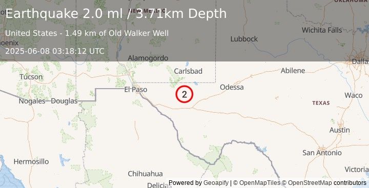Earthquake 64 km WNW of Toyah, Texas (2.0 ml) (2025-06-08 03:18:12 UTC)