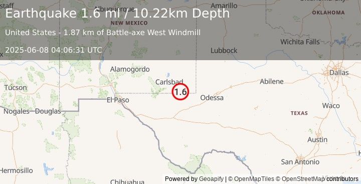 Earthquake 36 km ESE of Malaga, New Mexico (1.6 ml) (2025-06-08 04:06:31 UTC)