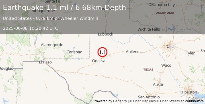 Earthquake 35 km WSW of Ackerly, Texas (1.2 ml) (2025-06-08 10:20:41 UTC)