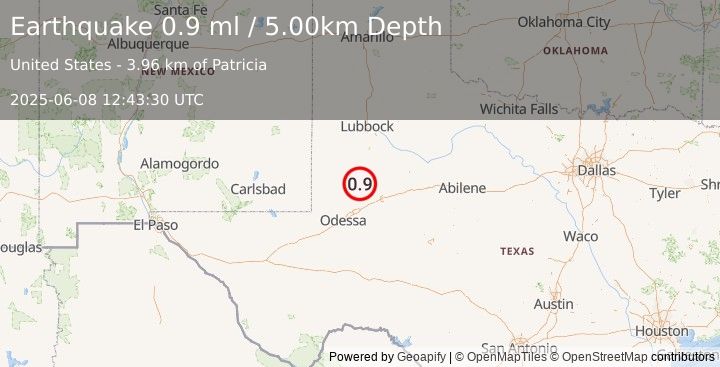 Earthquake 22 km SSW of Los Ybanez, Texas (0.9 ml) (2025-06-08 12:43:30 UTC)