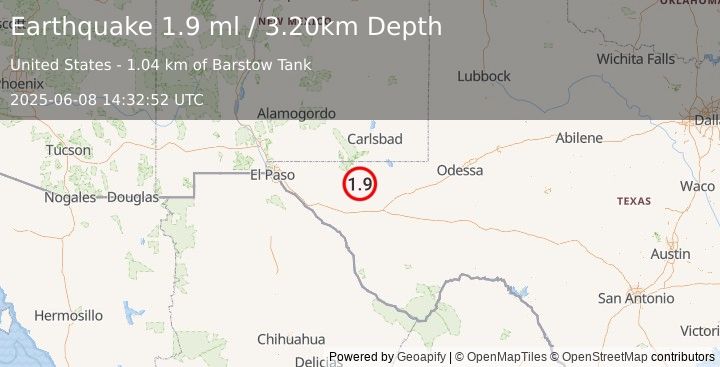 Earthquake 66 km NNE of Van Horn, Texas (1.9 ml) (2025-06-08 14:32:52 UTC)