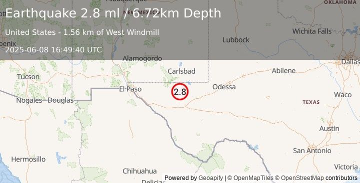 Earthquake 57 km S of Whites City, New Mexico (2.8 ml) (2025-06-08 16:49:40 UTC)