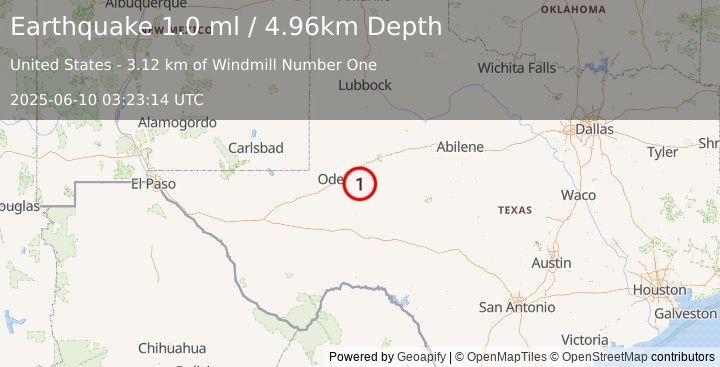 Earthquake 29 km SSE of Midland, Texas (1.0 ml) (2025-06-10 03:23:14 UTC)