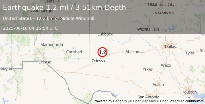 Earthquake 33 km WSW of Ackerly, Texas (1.2 ml) (2025-06-10 04:15:54 UTC)