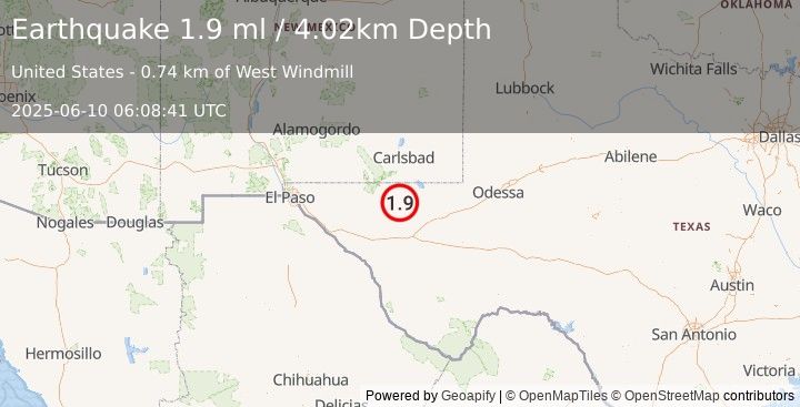 Earthquake 58 km S of Whites City, New Mexico (1.9 ml) (2025-06-10 06:08:41 UTC)