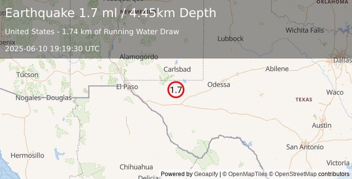 Earthquake 59 km S of Whites City, New Mexico (1.7 ml) (2025-06-10 19:19:30 UTC)