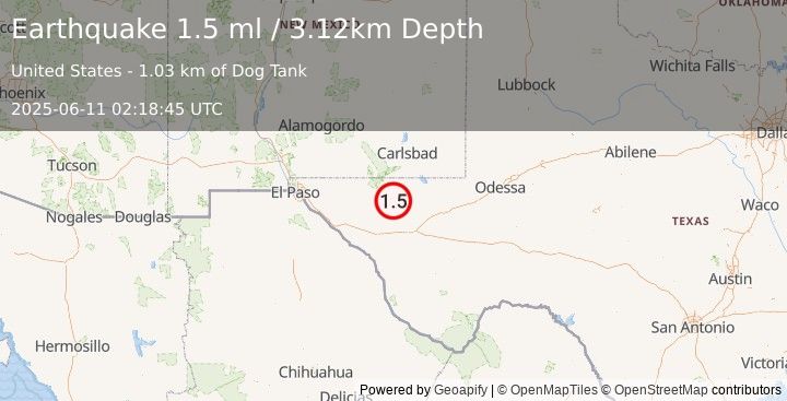 Earthquake 59 km S of Whites City, New Mexico (1.4 ml) (2025-06-11 02:18:44 UTC)