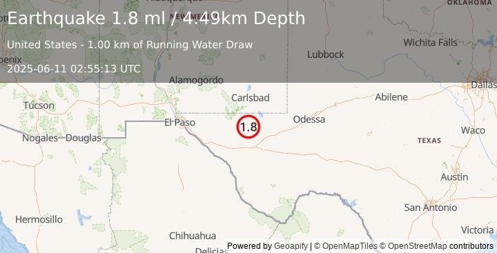 Earthquake 59 km S of Whites City, New Mexico (1.8 ml) (2025-06-11 02:55:13 UTC)