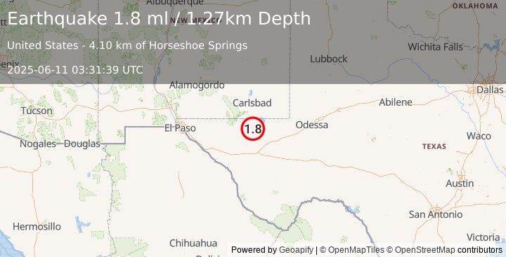 Earthquake 50 km SSE of Whites City, New Mexico (1.8 ml) (2025-06-11 03:31:39 UTC)