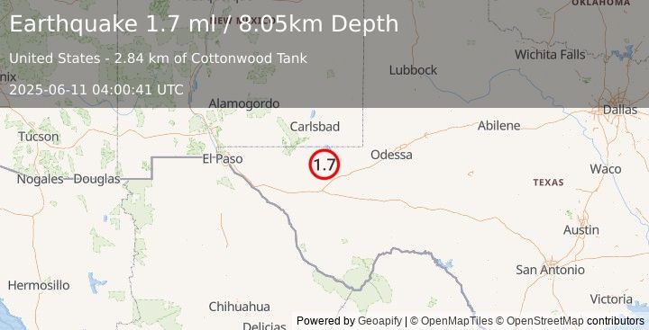 Earthquake 39 km WSW of Mentone, Texas (1.7 ml) (2025-06-11 04:00:41 UTC)