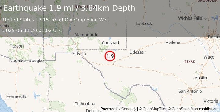 Earthquake 55 km NW of Toyah, Texas (1.9 ml) (2025-06-11 20:01:02 UTC)