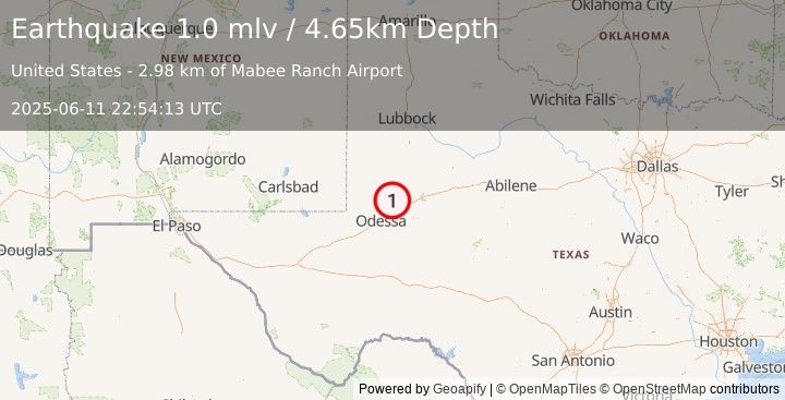 Earthquake 22 km NNW of Midland, Texas (1.0 mlv) (2025-06-11 22:54:13 UTC)