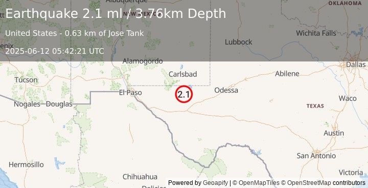 Earthquake 55 km W of Mentone, Texas (2.1 ml) (2025-06-12 05:42:21 UTC)