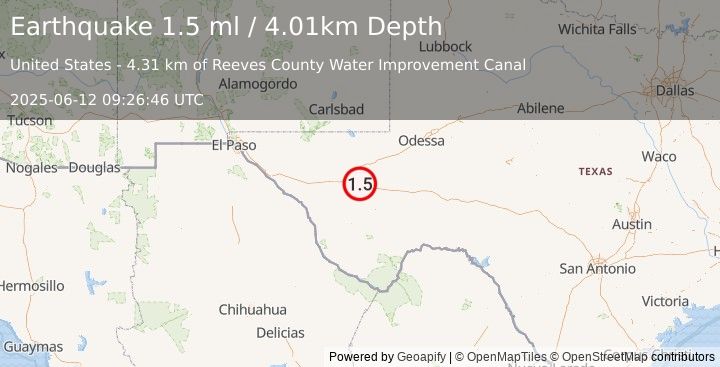 Earthquake 7 km NNE of Balmorhea, Texas (1.5 ml) (2025-06-12 09:26:45 UTC)