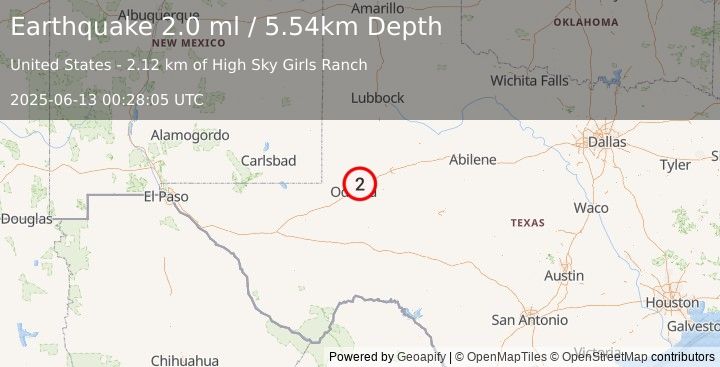 Earthquake 14 km W of Midland, Texas (2.0 ml) (2025-06-13 00:28:05 UTC)