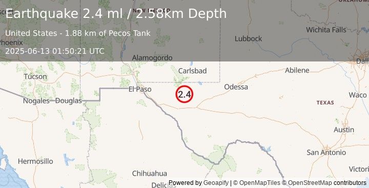 Earthquake 64 km NNE of Van Horn, Texas (2.4 ml) (2025-06-13 01:50:21 UTC)