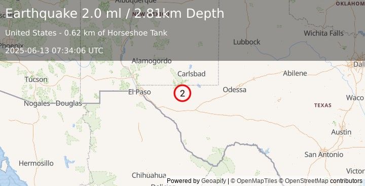 Earthquake 56 km SSW of Whites City, New Mexico (2.0 ml) (2025-06-13 07:34:06 UTC)