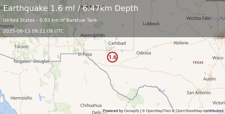 Earthquake 66 km NNE of Van Horn, Texas (1.6 ml) (2025-06-13 09:21:09 UTC)