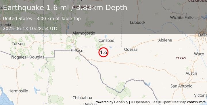 Earthquake 60 km S of Whites City, New Mexico (1.6 ml) (2025-06-13 10:28:54 UTC)