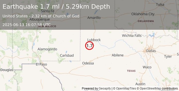 Earthquake 4 km ESE of Brownfield, Texas (1.7 ml) (2025-06-13 16:07:58 UTC)