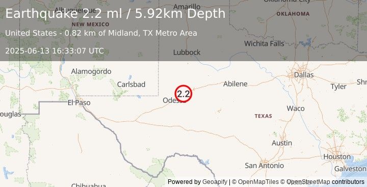 Earthquake 13 km NE of Midland, Texas (2.2 ml) (2025-06-13 16:33:07 UTC)