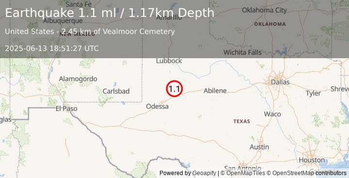 Earthquake 12 km ESE of Ackerly, Texas (1.1 ml) (2025-06-13 18:51:27 UTC)