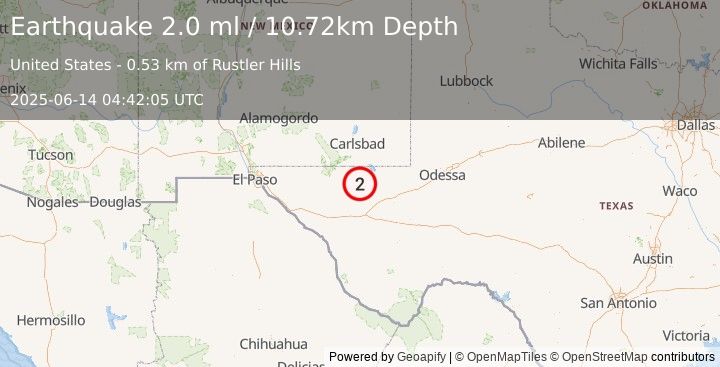 Earthquake 54 km NW of Toyah, Texas (2.0 ml) (2025-06-14 04:42:05 UTC)