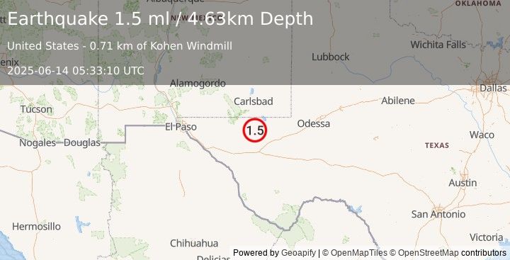 Earthquake 54 km NW of Toyah, Texas (1.5 ml) (2025-06-14 05:33:10 UTC)