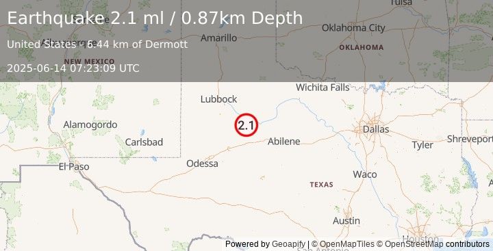 Earthquake 17 km N of Snyder, Texas (2.1 ml) (2025-06-14 07:23:09 UTC)