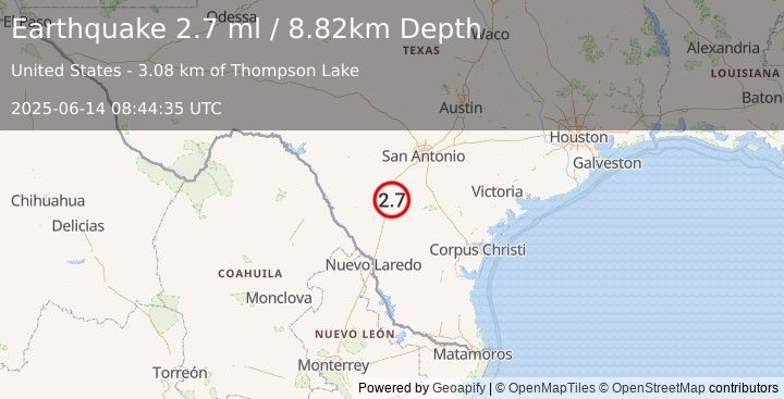 Earthquake 4 km ESE of Dilley, Texas (2.7 ml) (2025-06-14 08:44:35 UTC)