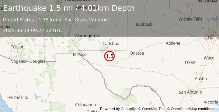 Earthquake 57 km S of Whites City, New Mexico (1.5 ml) (2025-06-14 09:22:32 UTC)