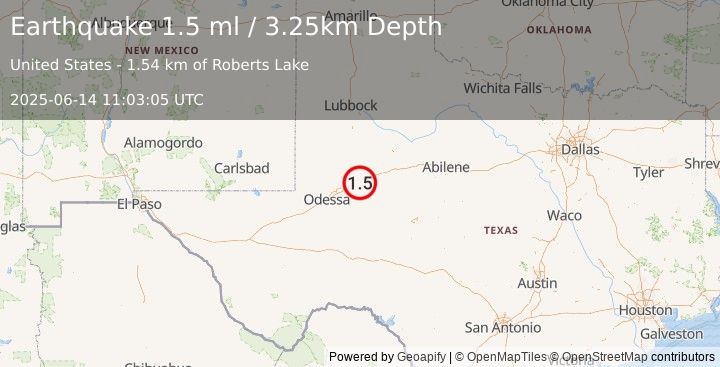 Earthquake 14 km E of Stanton, Texas (1.5 ml) (2025-06-14 11:03:05 UTC)