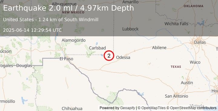 Earthquake 25 km SW of Jal, New Mexico (2.0 ml) (2025-06-14 12:29:54 UTC)