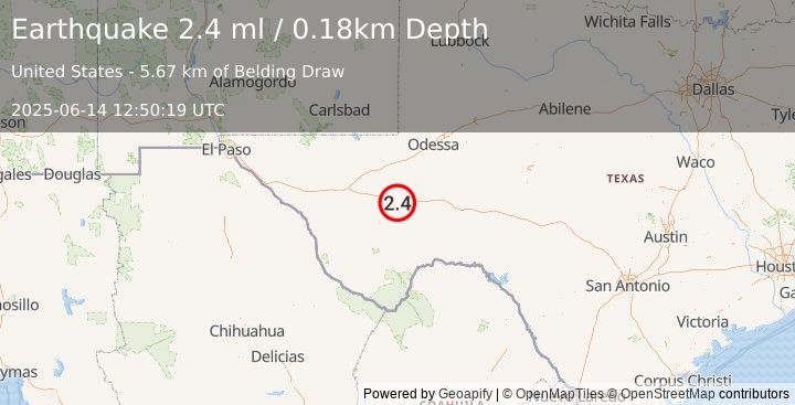 Earthquake 19 km WSW of Fort Stockton, Texas (2.4 ml) (2025-06-14 12:50:19 UTC)