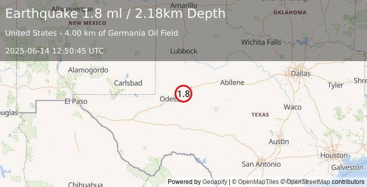 Earthquake 11 km SSW of Stanton, Texas (1.8 ml) (2025-06-14 12:50:45 UTC)