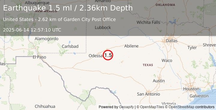 Earthquake 2 km NE of Garden City, Texas (1.5 ml) (2025-06-14 12:57:10 UTC)