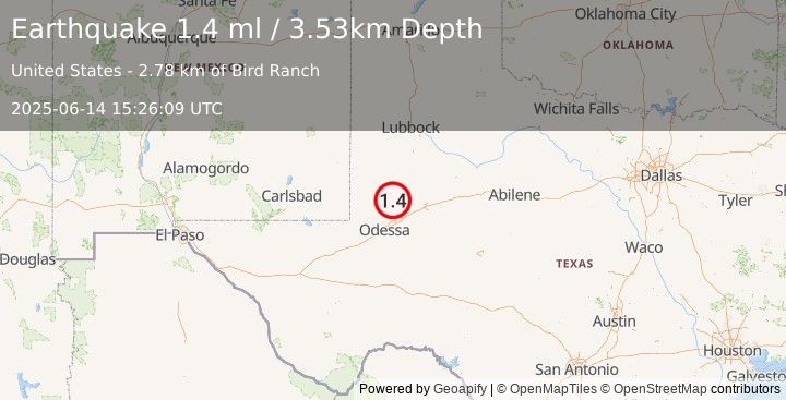 Earthquake 31 km E of McKinney Acres, Texas (1.4 ml) (2025-06-14 15:26:09 UTC)