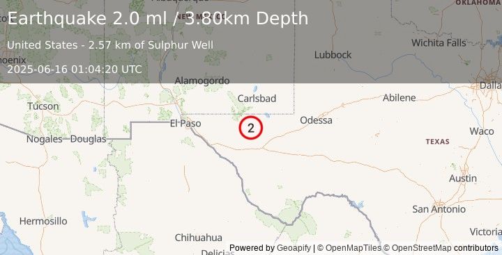 Earthquake 59 km S of Whites City, New Mexico (2.0 ml) (2025-06-16 01:04:20 UTC)