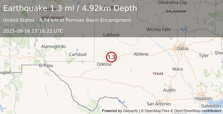 Earthquake 15 km NNW of Stanton, Texas (1.3 ml) (2025-06-16 17:16:22 UTC)