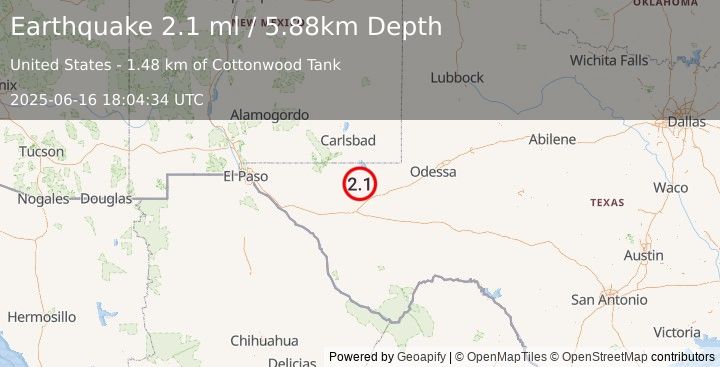 Earthquake 36 km WSW of Mentone, Texas (2.1 ml) (2025-06-16 18:04:34 UTC)