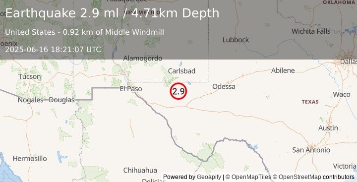 Earthquake 56 km S of Whites City, New Mexico (2.9 ml) (2025-06-16 18:21:07 UTC)