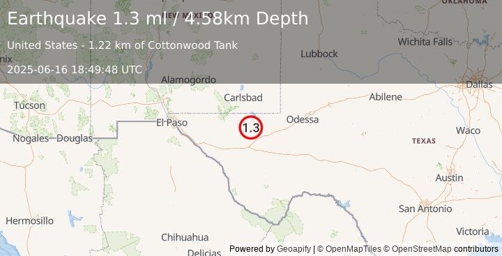 Earthquake 37 km NNW of Toyah, Texas (1.3 ml) (2025-06-16 18:49:48 UTC)