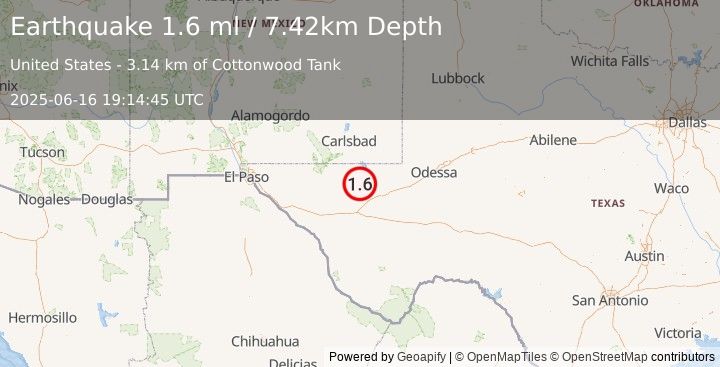 Earthquake 38 km WSW of Mentone, Texas (1.6 ml) (2025-06-16 19:14:45 UTC)