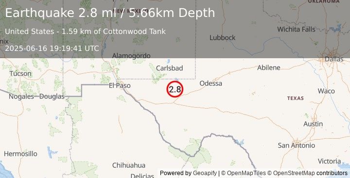 Earthquake 38 km WSW of Mentone, Texas (2.8 ml) (2025-06-16 19:19:41 UTC)