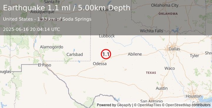 Earthquake 19 km WSW of Ackerly, Texas (1.1 ml) (2025-06-16 20:04:14 UTC)