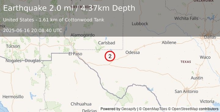 Earthquake 38 km NNW of Toyah, Texas (2.0 ml) (2025-06-16 20:08:40 UTC)