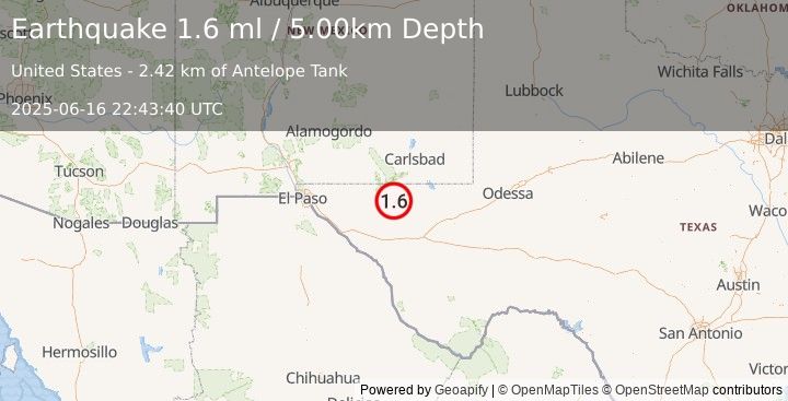 Earthquake 57 km SSW of Whites City, New Mexico (1.6 ml) (2025-06-16 22:43:40 UTC)