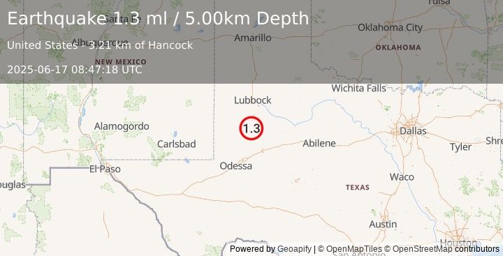 Earthquake 13 km NNE of Lamesa, Texas (1.3 ml) (2025-06-17 08:47:18 UTC)